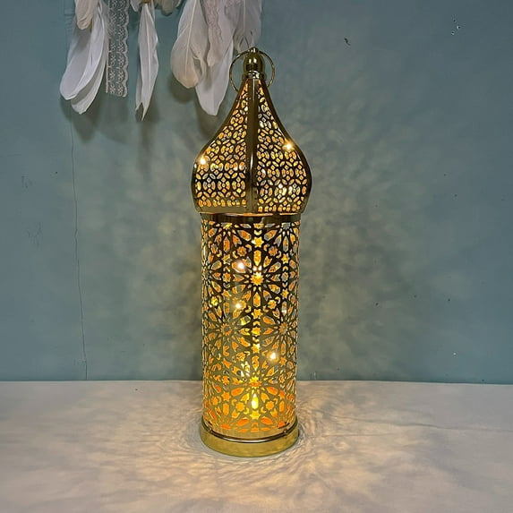 Gold Moroccan Style Lantern, Metal Decorative Candle Holder With Hollow Cut-Out Design, Battery Operated Tabletop Decor For Home, Wedding, Ramadan, Festival