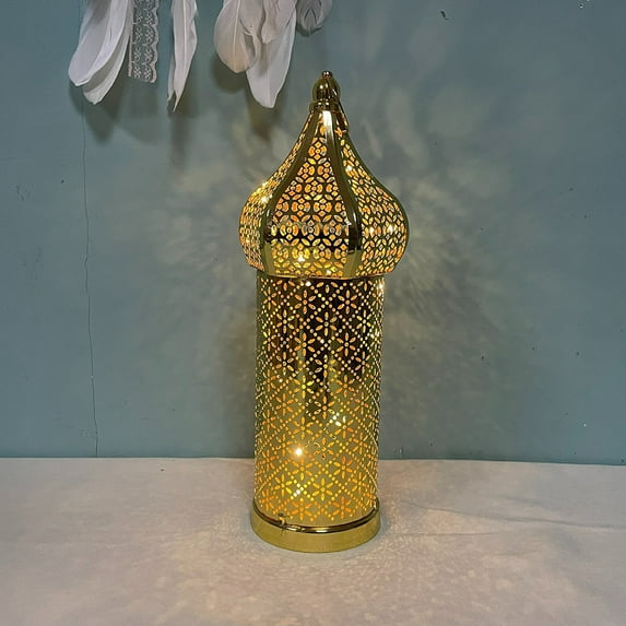 Gold Moroccan Style Lantern, Metal Decorative Candle Holder With Hollow Cut-Out Design, Battery Operated Tabletop Decor For Home, Wedding, Ramadan, Festival