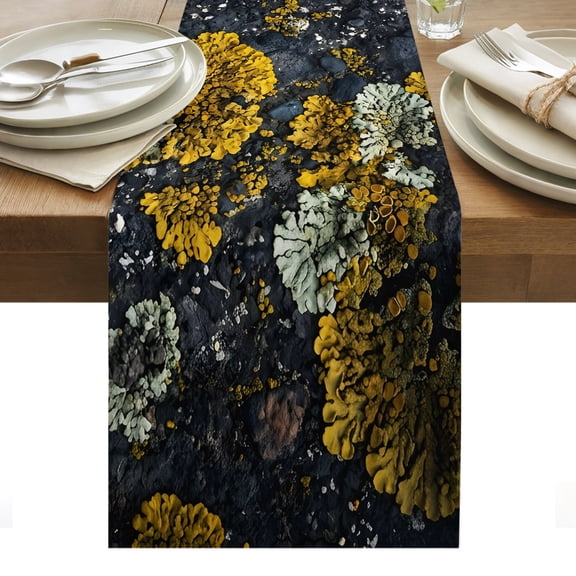 Gold Moss Cotton Linen Table Runner Stones Rustic Nature Art Dining Table Runners for Home Decor Party Dining Room Restaurant Kitchen Party 13" x 48"