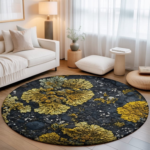 Gold Moss Washable Round Area Rug 3 ft, Stones Rustic Nature Art, Soft Non Slip Rugs Stain Repellent Indoor Felt Carpet for Living Dining Room Bedroom Home Office