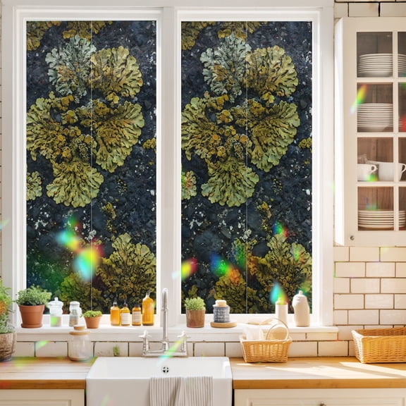 Gold Moss Window Privacy Film Stones Rustic Nature Art Static Cling Stained Glass Window Film Non-Adhesive Decorative Decals Rainbow Sticker 17.7"X39.3"