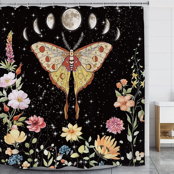 Gold Moth Shower Curtain 60Wx71H Inch Moon Phase Shower Curtain Bathroom Set Gothic Black Butterfly Moonlit Bath Curtain Witchy Tarot Psychedelic Halloween Bathtub Accessories Decor for Teens