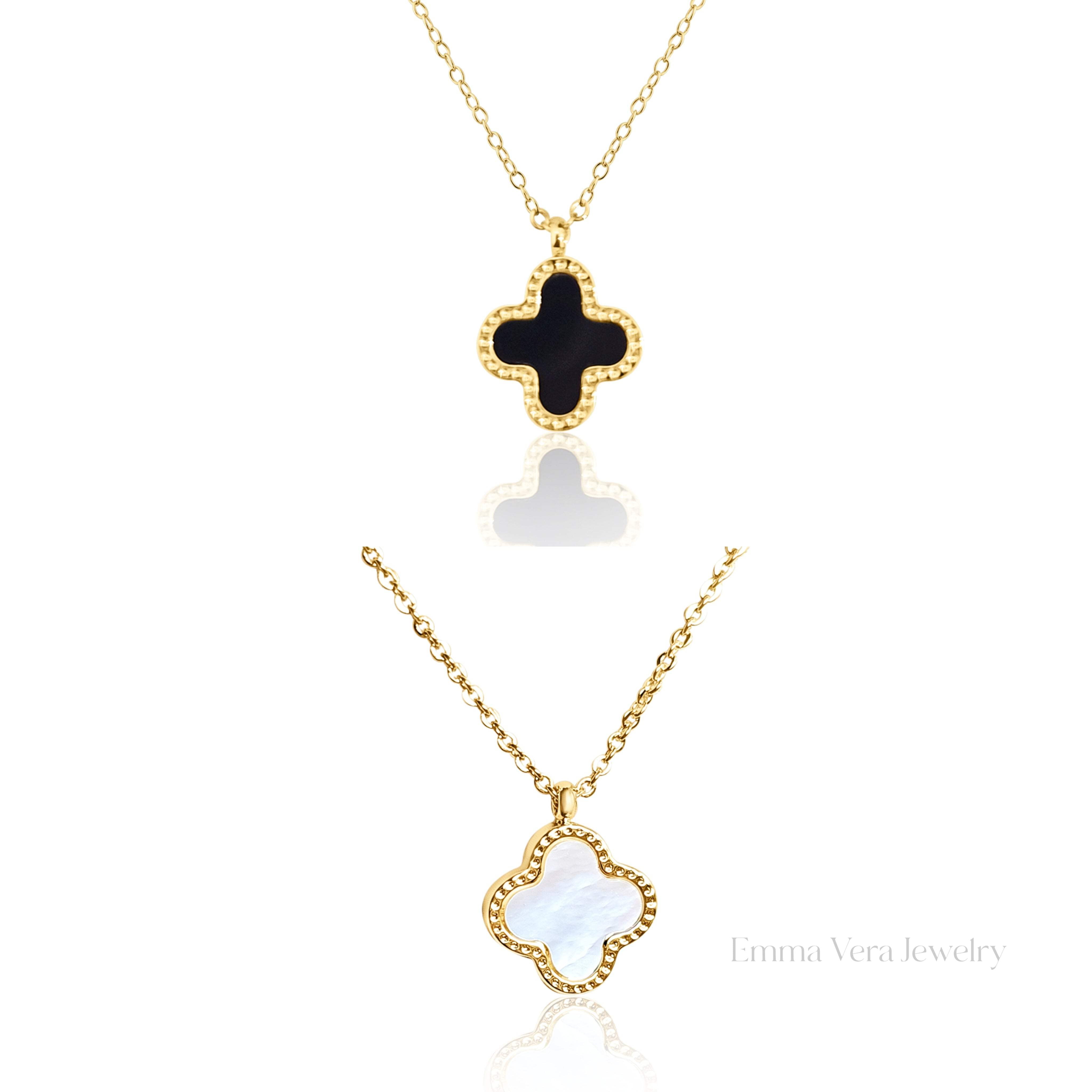 EMMA VERA JEWELRY Gold Mother of Pearl, Black Clover Necklace