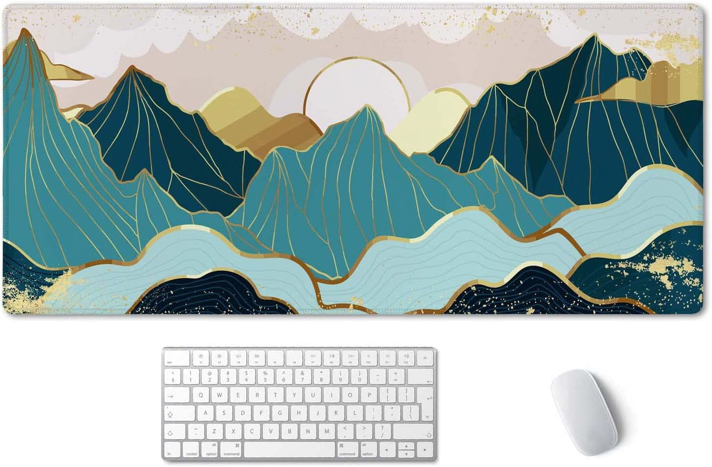Gold Mountain with Landscape Line Arts Mouse Pad 35.4 x 15.7 Inch XXL Full Desk Mousepad Extended Large Non-Slip Rubber Base Waterproof Big Keyboard Mat with Stitched Edges for Gaming and Office