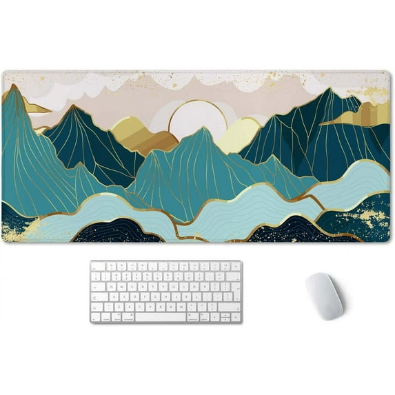 Gold Mountain with Landscape Line Arts Mouse Pad 35.4 x 15.7 Inch XXL Full Desk Mousepad Extended Large Non-Slip Rubber Base Waterproof Big Keyboard Mat with Stitched Edges for Gaming and Office