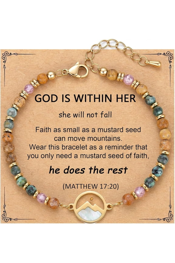 Gold Moving Mountains Mustard Seed Natural Stone Beaded Bracelet, Inspirational Christian Gifts for Women & Teen Girls