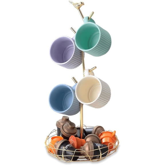 Gold Mug Holder & Mug Tree for Countertop, Decorative Bird Mug Rack for Counter Large Mugs with Nest Storage Basket, Coffee Cup Stand for Coffee Bar Accessories & Jewelry