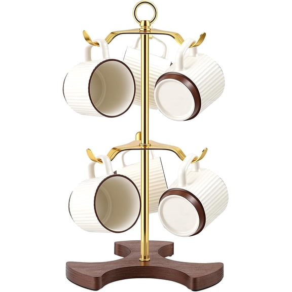 Gold Mug Holder Tree for Countertop | 2-Tier Coffee Mug Rack Holds 6 Large Mugs, 5oz to 20oz | Elegant Golden Cup Stand with Solid Wood Base | Kitchen Counter Organizer & Coffee Bar Accessories
