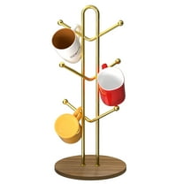 Gold Mug Holder Tree with 6 Hooks, Wooden Coffee Cup Stand for Countertop and Kitchen Organization