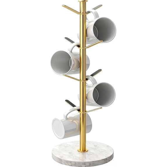 Gold Mug Holder Tree with Marble Base, 8 Hooks Coffee Cups Holder Stand, New Upgrad Stable Removable Mug Rack for Kitchen Cafe