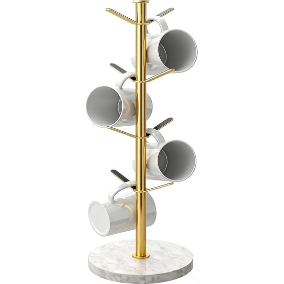 Gold Mug Holder Tree with Marble Base, 8 Hooks Coffee Cups Holder Stand, New Upgrad Stable Removable Mug Rack for Kitchen Cafe