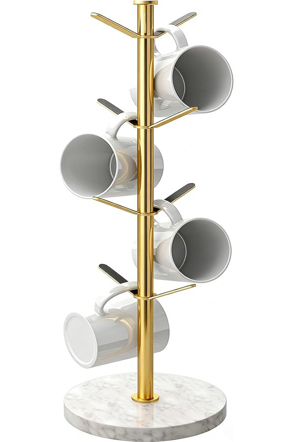 Gold Mug Holder Tree with Marble Base, 8 Hooks Coffee Cups Holder Stand, New Upgrad Stable Removable Mug Rack for Kitchen Cafe