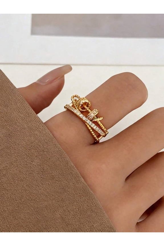 Gold Multi-Layer Rotating Fidget Ring With Rhinestones, Adjustable Anxiety Relief Swivel Ring For Daily Wear