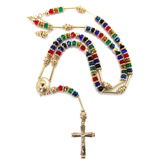 Gold/Multi Tone Praying Hands Jesus Cross 39" Glass Beads Rosary Necklace