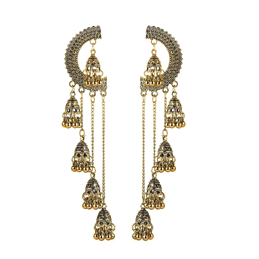 Gold Multiple Jhumki Bell Beaded Long Chain Tassel Dangle Earrings for Women Bohemian Indian Chandelier Drop Half Circle Earring
