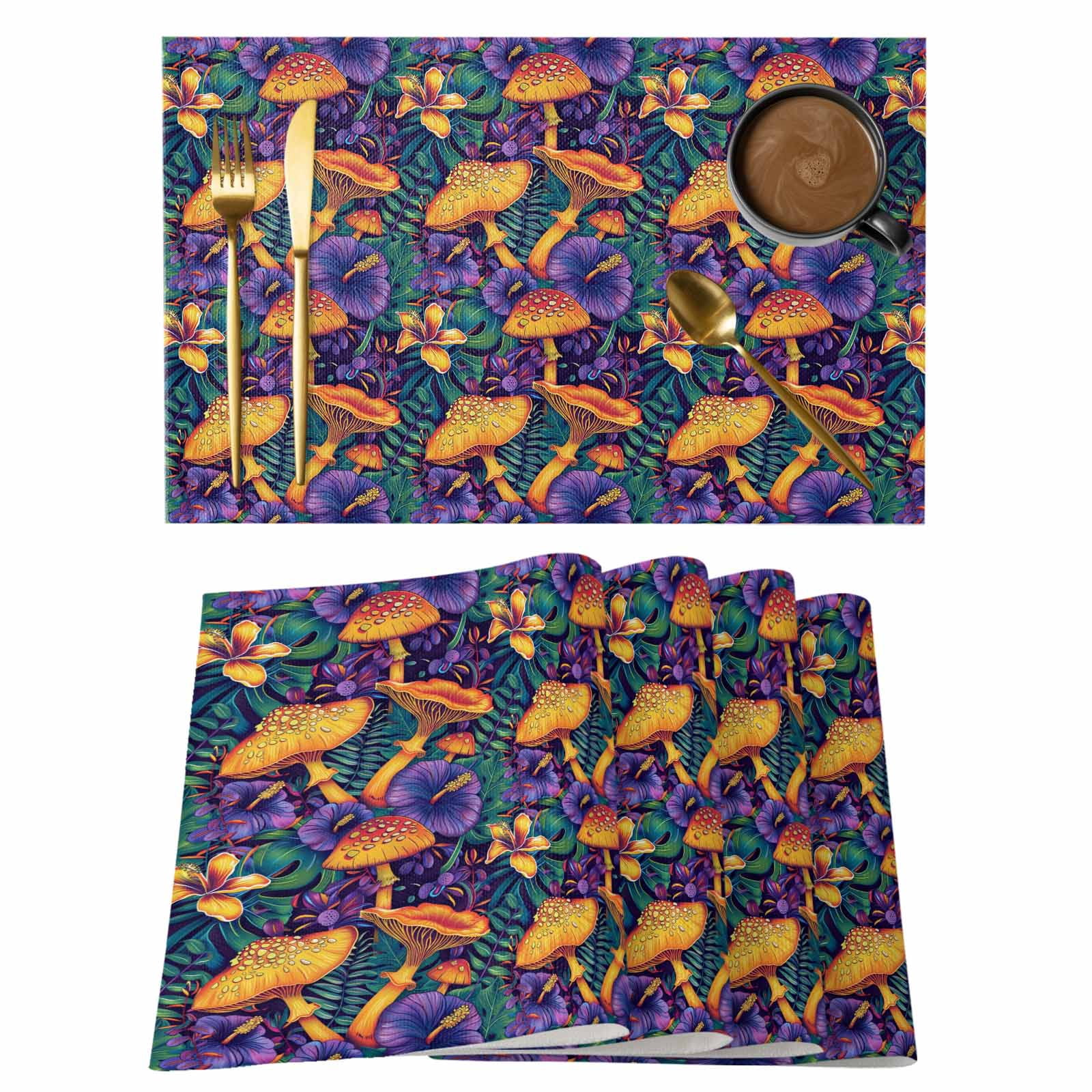 Gold Mushroom Placemats Set of 4, Purple Flowers Green Plants ...