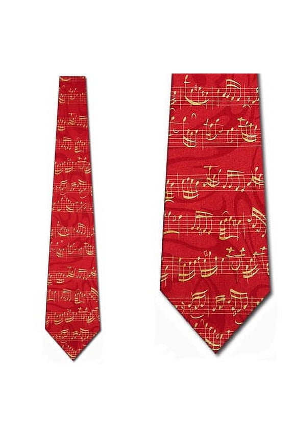 Gold Music Notes on Staff Red Necktie Mens Tie by