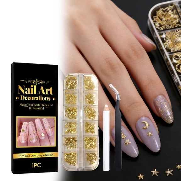 Gold Nail Charms, 12 Styles Golden Nails Charms, Butterfly Nail Rhinestones Gems, Cross Dollar Star Heart Bow Nail Gold Charms, Multi Shapes Golden Nails Art Studs, Y2K Golden Charm for Nails DIY