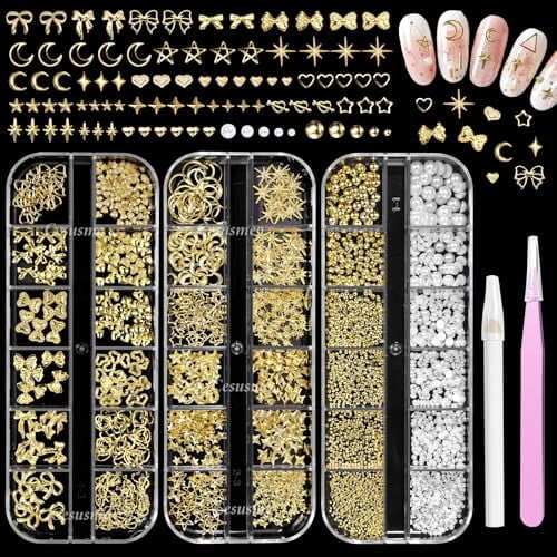 Gold Nail Charms Pearls, Heart Bow Nail Art Charms, Metal Cross Star Moon Nails Studs, Half Round Flatback Nail Pearls Charms, Caviar Nails Beads Charms for Nails Design DIY Craft
