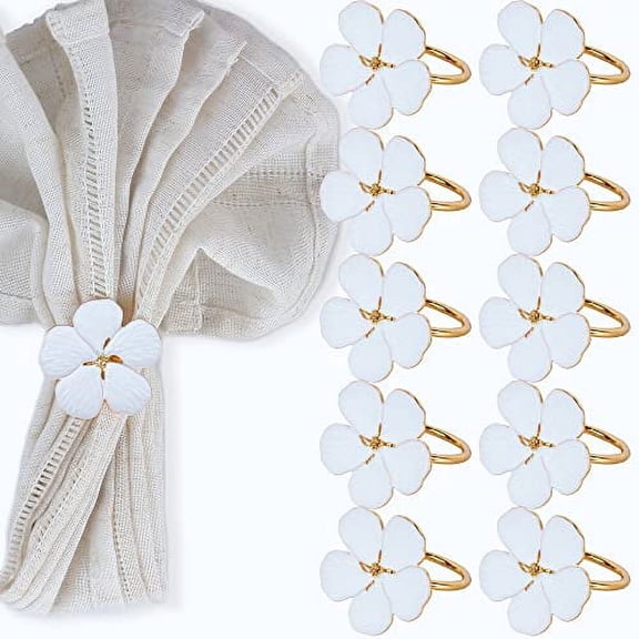 Gold Napkin Ring with Spring White Pansy Flower Set of 10