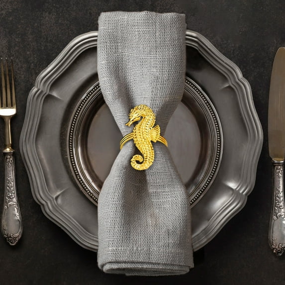 Gold Napkin Rings Holder in Sea Horse Design Festive Table Decor and Favor for Thanksgiving Fall Autumn Holiday Wedding Birthday Thanksgiving Banquet Housewarming Gift Set of 12