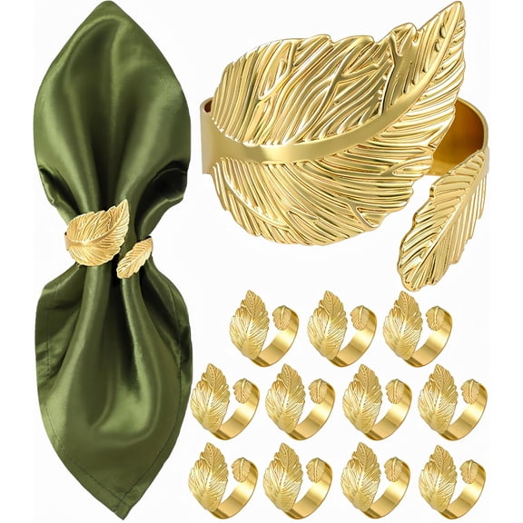 Gold Napkin Rings Set of 12, Solid Metal Laurel Leaf Table Decor | Reusable, Elegant, 1.77" Inner Diameter Napkin Holder Rings for Cloth Napkins, Wedding Holiday Party Dinners Place Setting