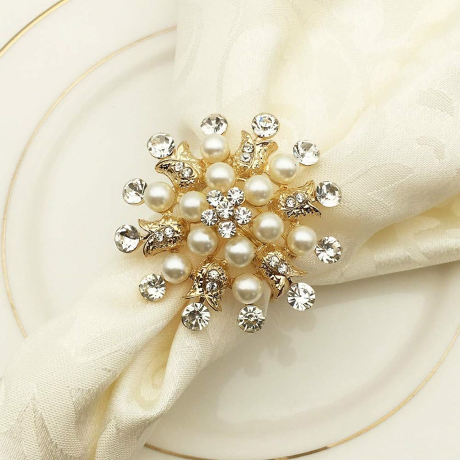 Gold Flower Pearl Rhinestone Napkin Rings Set of 6