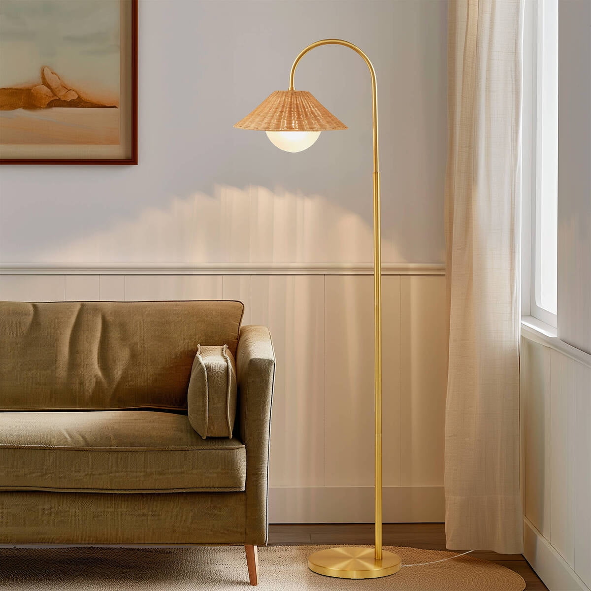 Gold Natural Rattan Weave Shade Floor Lamp - Bohemian Style for Living Room Bedroom Office