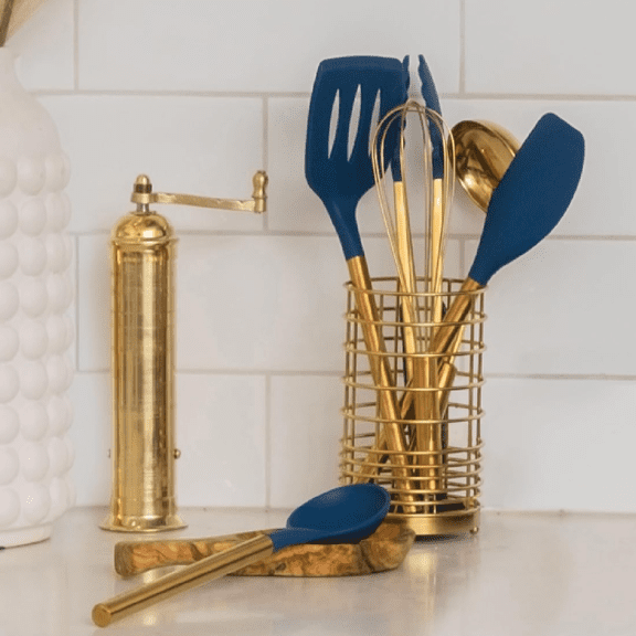 Gold and Navy Blue Kitchen Utensils Set - 7-Piece Silicone Cooking Tools for Nonstick Cookware with Utensil Holder - Stylish Cooking Gifts for Modern Kitchens