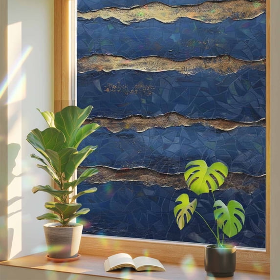 Gold Navy Blue Stripes Abstract Sea Wave Window Privacy Film, Rainbow ...