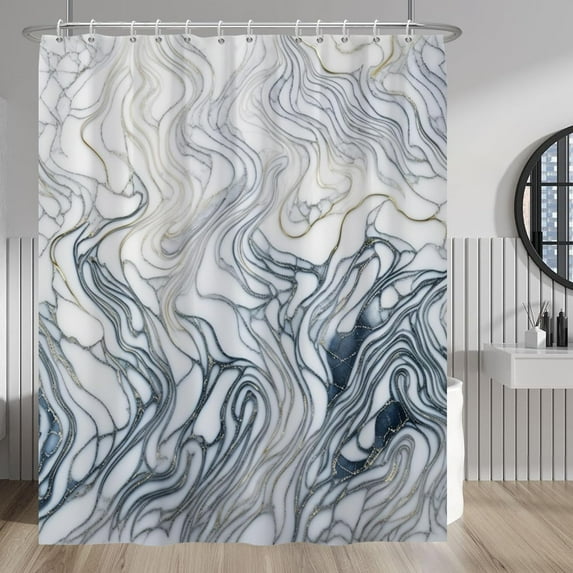 Gold Navy Blue White Marble Shower Curtain Modern Boho Shower Curtain for Bathroom Luxury Texture Hostel Bathtub Bathroom Decorations Waterproof Fabric Shower Curtain with Hooks 72x84 Inches