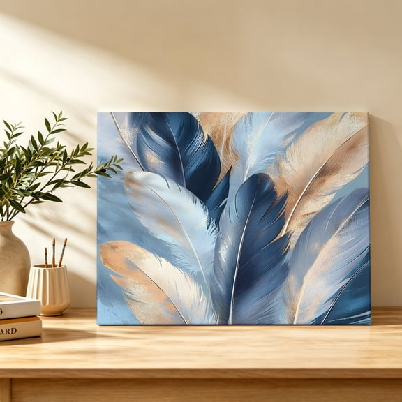 Gold Navy Feather Canvas Wall Art, Oil Painting Simple Blue Style Abstract Wall Art Prints Artwork Framed Canvas Ready to Hang Art Pictures for Bathroom, Dressing Table, Entryway 12" x 8"