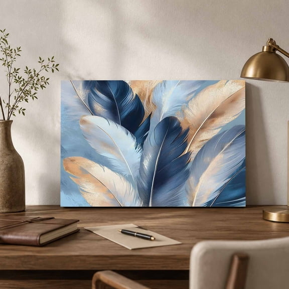 Gold Navy Feather Canvas Wall Art, Oil Painting Simple Blue Style Abstract Wall Art Prints Artwork Framed Canvas Ready to Hang Art Pictures for Bathroom Nightstand, Narrow Hallway 14" x 11"