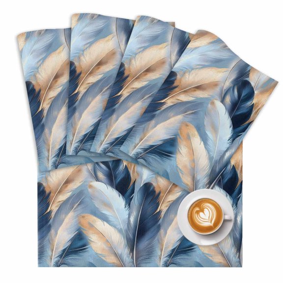 Gold Navy Feather Placemats Set of 1 Oil Painting Simple Blue Style Abstract Place Mats Washable Table Mats for Party Kitchen Dining Decoration, 13 X 19 Inch