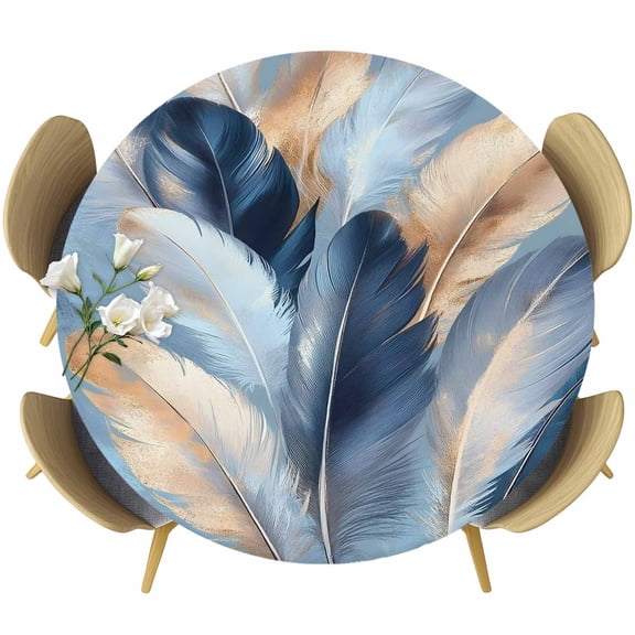 Gold Navy Feather Round Fitted Table Cover Oil Painting Simple Blue Style Abstract Waterproof Table Cloth with Elastic Edge Wipeable Tablecloth for Picnic Camping Party Fits 55"-60" Diameter