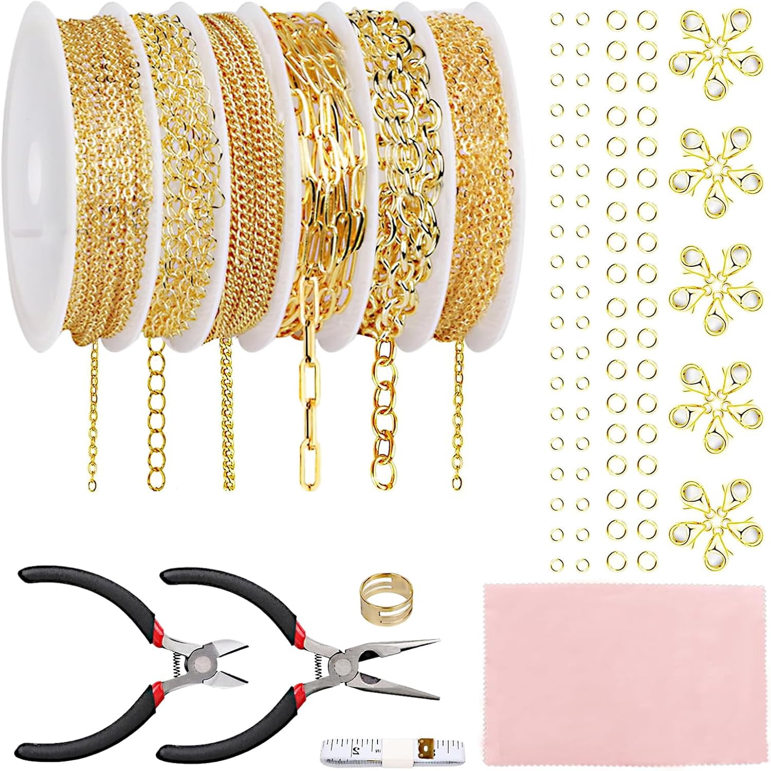 Gold Necklace Chain for Jewelry Making, 46ft 6 Style Rolled Steel DIY Jewelry Chain Roll Bracelet Bulk Link Plated Permanent for Earring Anklet Craft with Jump Ring, Lobster Clasp, Pliers