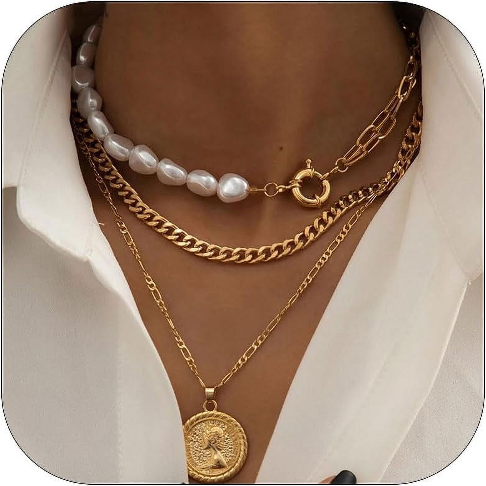 Gold Necklace Stack Boho Layered Necklaces For Women Trendy Pearl Necklaces Christmas Gifts Stocking Stuffers[Z394]