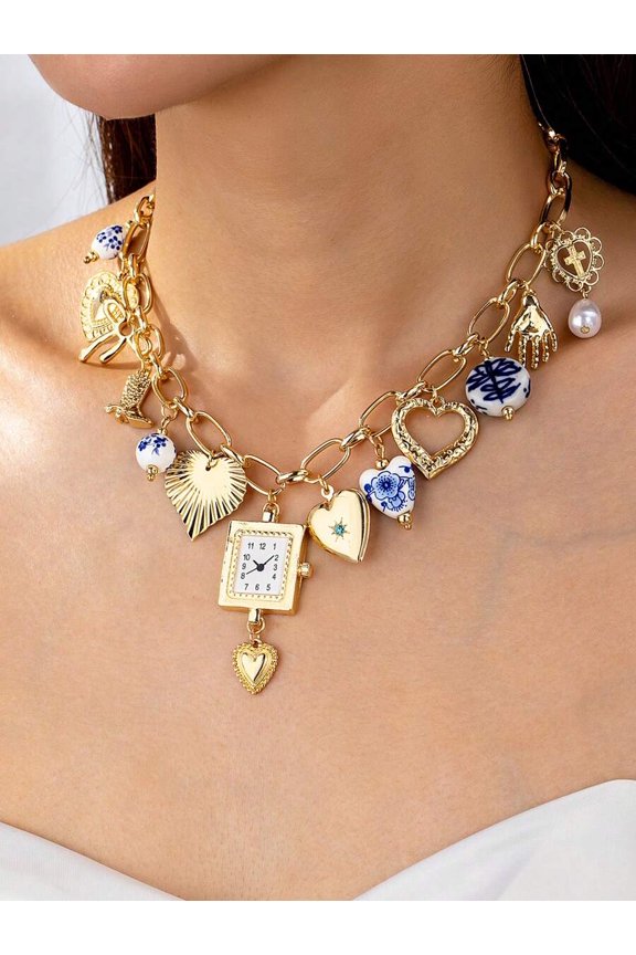 Gold Necklace With Locket Watch Pendant And Ceramic Hearts