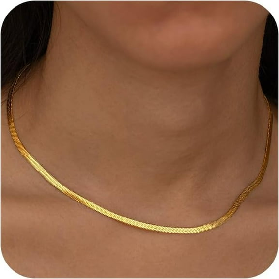 Gold Necklace for Women-14K Plated Sterling Silver Snake Chain Necklace Dainty Simple Chunky Herringbone Necklace Gold Choker Necklaces Jewelry for Women