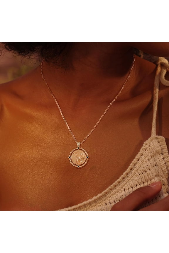 Gold Necklace For Women Birth Flower Necklace With Birthstone 14K Gold Plated Dainty Rotating Coin Pendant Necklace Personalized Birth Month Jewelry For Birthday Mother'S Day Gift 12 Month[o373]