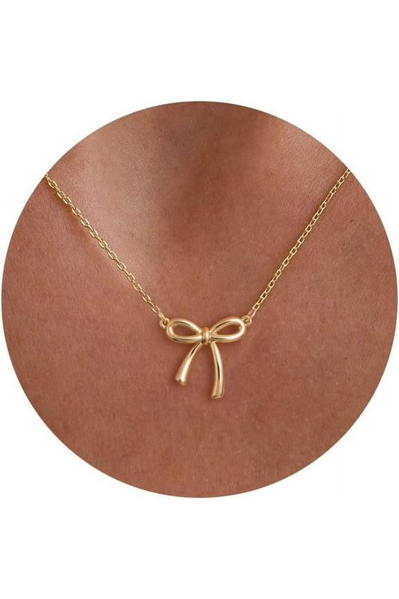 Gold Necklace for Women - Bow Necklace 14K Gold Plated Dainty Cubic Zirconia Bow Necklace Small Bow Necklace Trendy Necklaces for Women Minimalist Jewelry