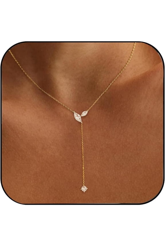 Gold Necklace for Women - Dainty Long Lariat Necklace 14K Gold Plated Clover Star Teardrop CZ Y Shaped Drop Necklaces Cute Long Necklaces for Women Trendy Prom Formal Womens Jewelry