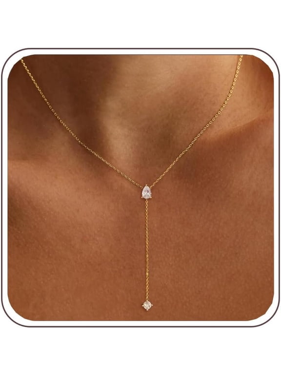 Gold Necklace for Women - Dainty Long Lariat Necklace 14K Gold Plated Clover Star Teardrop CZ Y Shaped Drop Necklaces Cute Long Necklaces for Women Trendy Prom Formal Womens Jewelry