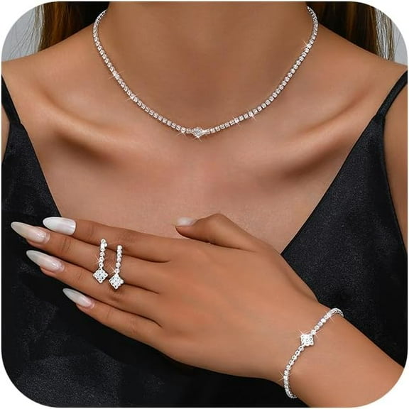 Rhinestone Bridal Wedding Jewelry Set for Women,Dainty Sparkly Crystal Statement Choker Necklace Earrings Bracelet Set Bridal Wedding Prom Jewelry Accessories