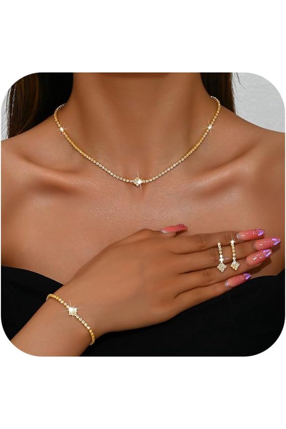 Rhinestone Bridal Wedding Jewelry Set for Women,Dainty Sparkly Crystal Statement Choker Necklace Earrings Bracelet Set Bridal Wedding Prom Jewelry Accessories