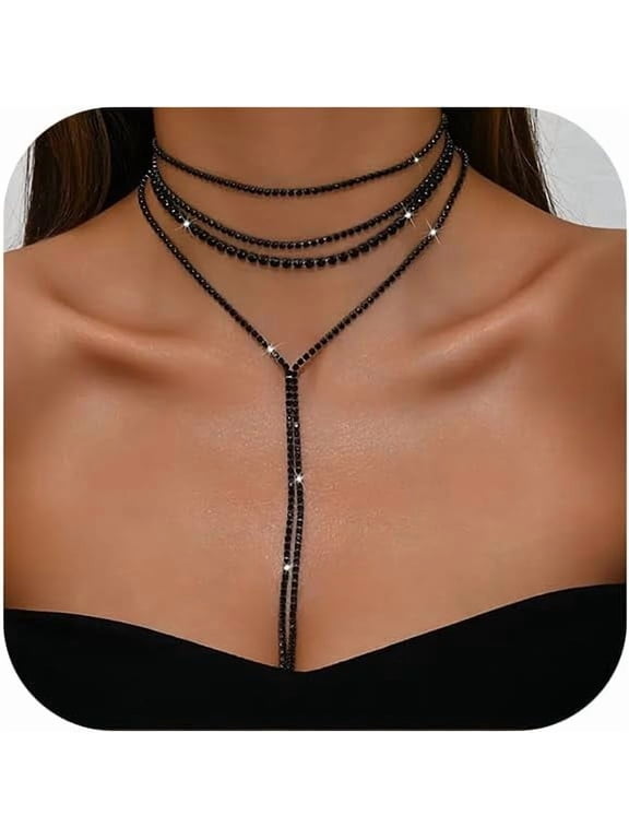 Boho Layered Necklaces for Women Fashion Y Long Neckalce Statement Long Sweater Chain Necklace Black Gold Silver Shiny Rhinestones Choker Necklace Wedding Bridal Jewerly