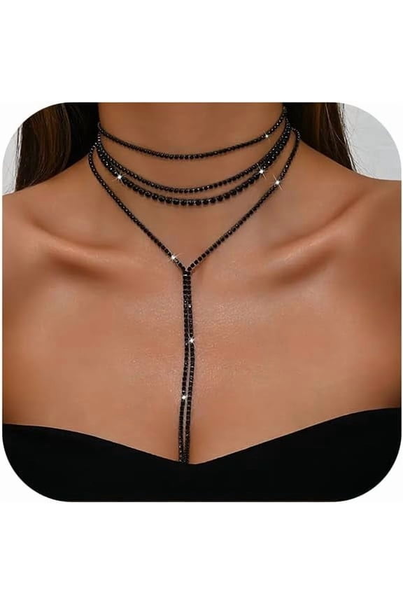 Boho Layered Necklaces for Women Fashion Y Long Neckalce Statement Long Sweater Chain Necklace Black Gold Silver Shiny Rhinestones Choker Necklace Wedding Bridal Jewerly