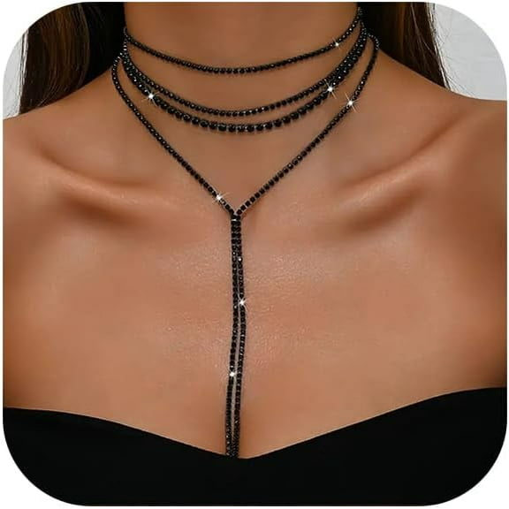 Boho Layered Necklaces for Women Fashion Y Long Neckalce Statement Long Sweater Chain Necklace Black Gold Silver Shiny Rhinestones Choker Necklace Wedding Bridal Jewerly