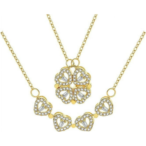 Gold Necklace for Women, Heart Necklace, Copper + Rhinestone 2 in 1 Folding Magnetic Elegant Noble Four-Leaf Clover Pendant Necklace is Suitable for Any Clothes for Women