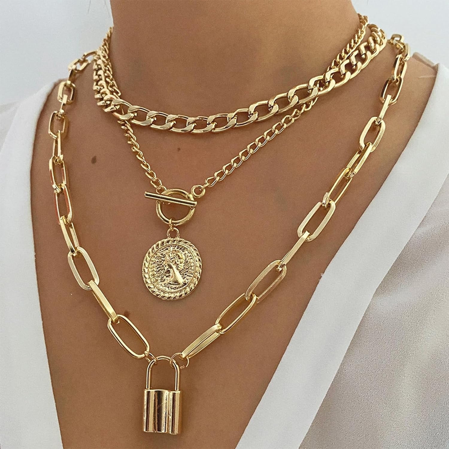 Gold Necklace For Women Stack Boho Layered Necklaces For Women Trendy Gold Layered Choker Necklaces Set Cuban Link Chain Necklaces Gold Chunky Coin Necklace For Christmas Stocking Stuffers G[o2264]